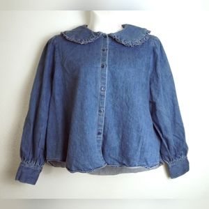Cotton Denim Blouse Peter Pant Collar Shirt Button Down Long Sleeves Size XXL
